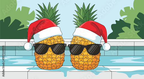 Two pineapples wearing santa hats and sunglasses by a swimming pool