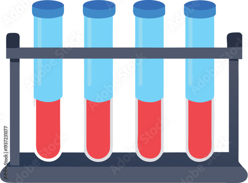 Four test tubes in a rack with blue tops and red liquid inside  laboratory equipment for science experiments