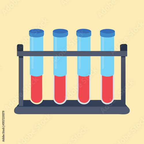 Four test tubes in a rack filled with red liquid and blue tops laboratory equipment science experiment  medical research tool