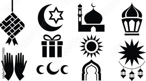 Ramadan, Kareem, Islamic, Symbols, Mosque, Crescent, Lantern, Star, Prayer, Gift, Celebration, Muslim, Religion, Holiday, Eid, Silhouette, Icon, Illustration, Set, Decoration