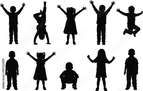 Happy kids silhouettes set with children jumping playing standing and handstand poses isolated vector collection for childhood activity concept