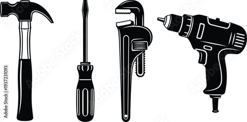 Hand tools silhouettes with hammer screwdriver wrench and electric drill construction repair equipment vector illustration