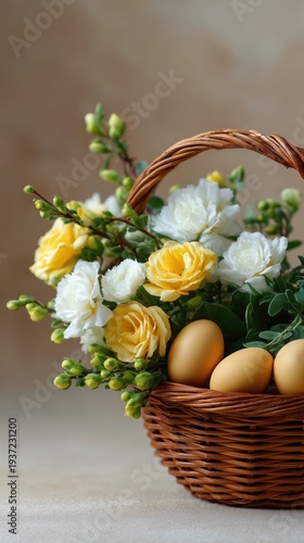 Wallpaper Mural Easter Basket with Yellow Flowers and Eggs on a Soft Background Torontodigital.ca