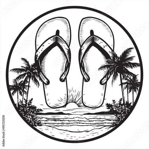Summer Beach Scene with Flip-Flops, Palm Trees, and Sunset Illustration