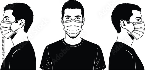 Man wearing medical face mask front and side views portrait for health protection safety and disease prevention illustration