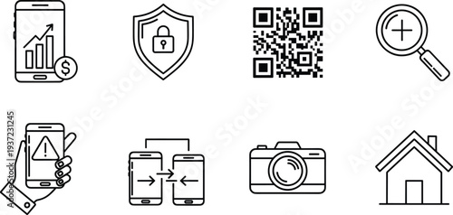 Mobile technology and security icons set with smartphone payment shield QR code camera transfer and smart home symbols