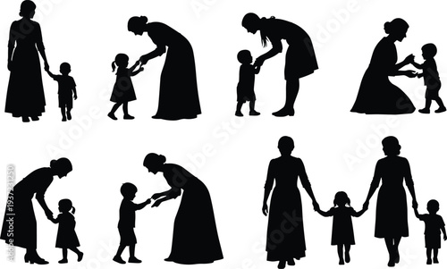Mother and child silhouettes collection showing parenting care family bonding and nurturing moments vector illustration set