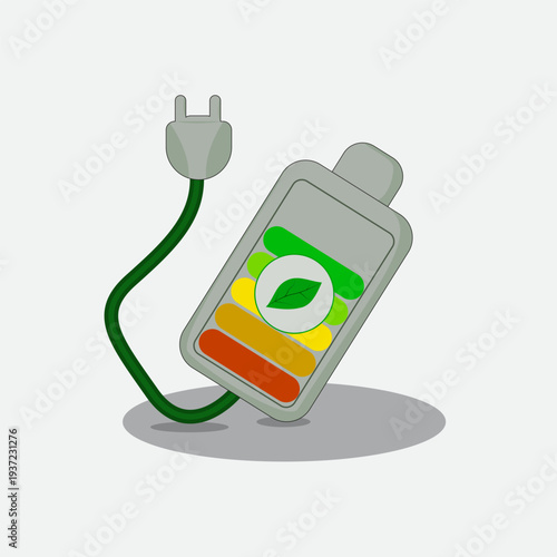 Vector illustration of an eco-friendly battery with a leaf symbol and power plug. Concept of green energy, sustainable electricity, renewable power, eco technology, and environmentally friendly energy