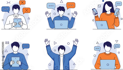 People using laptop tablet and smartphone with chat bubbles social media communication technology concept illustration set