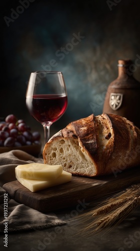 Wallpaper Mural Still Life of Bread, Wine, Grapes, and Cheese on Rustic Wood Table Torontodigital.ca
