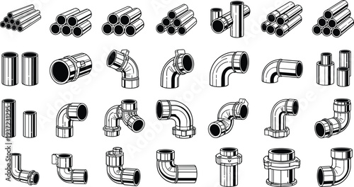 Plumbing pipe fittings and tubes collection with connectors elbows joints and plumbing hardware vector illustration set