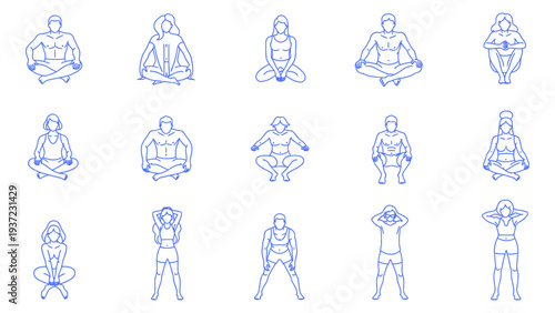 Figures meditating and doing yoga poses on a transparent background, peaceful and serene human forms vector illustration.