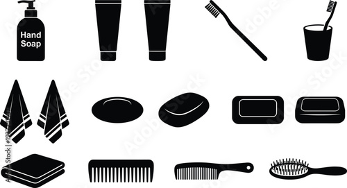Bathroom hygiene essentials collection, flat vector illustration of soap, toothbrush, towels, comb, shampoo, personal care accessories set