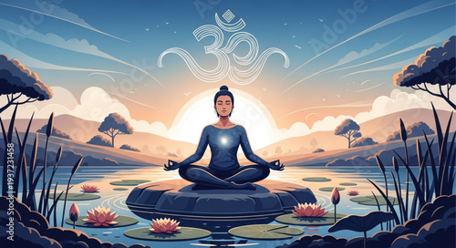 Serene Woman Meditating on Water Lily Pad at Sunset.