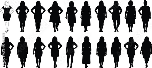 Women body silhouettes collection with different female body shapes fashion poses and diverse female figure vector illustration set