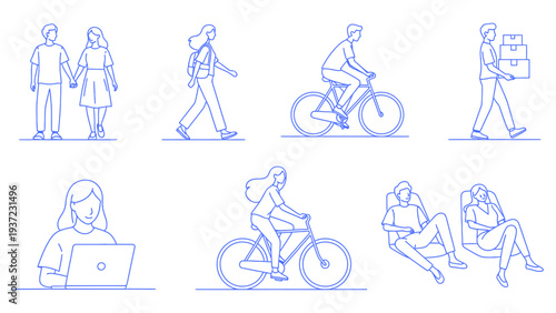 Figures of people walking, cycling, and carrying boxes on a transparent background, daily life activities vector illustration.