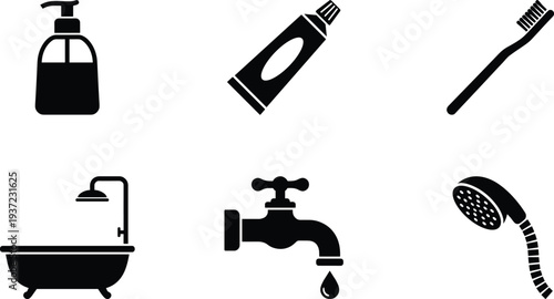 Bathroom hygiene icons collection, flat vector illustration of soap dispenser, toothpaste, toothbrush, bathtub, faucet and shower set