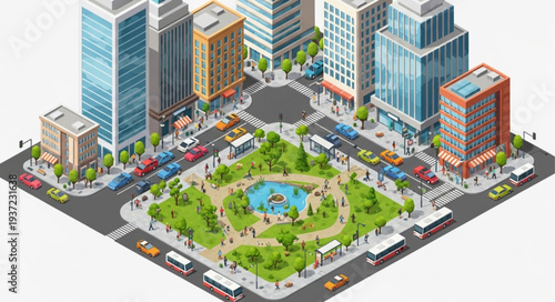 Urban Park with Green Spaces and Water Features.