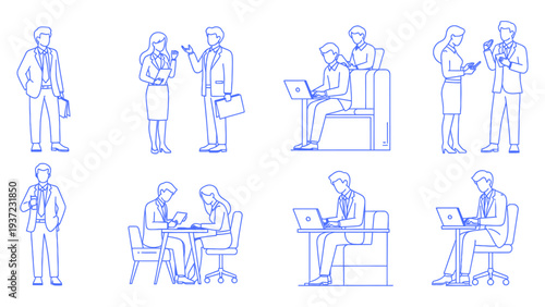Men and women in diverse business interactions and office situations vector illustration.