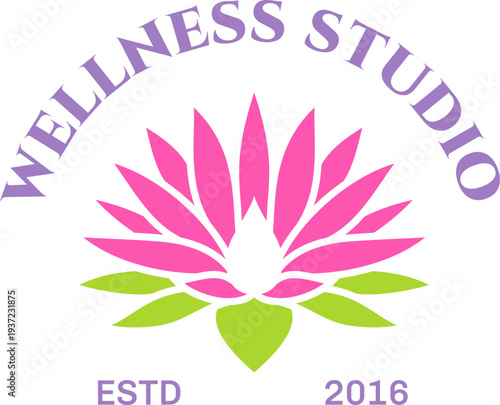 Wellness studio logo. Zen class emblem with pink lotus