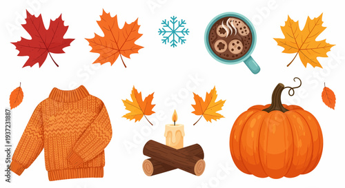 Autumn Leaves Sweater Pumpkin Coffee Illustration.