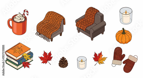 Autumn themed objects and home decor items.