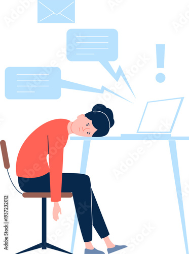 Social communication burnout. Woman exhausted from negative information