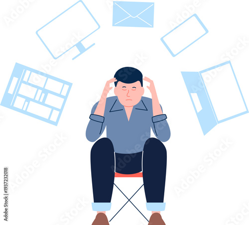 Cyberspace overload. Tired stressful man with social pressure