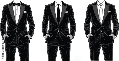 Business, Suit, Formal, Fashion, Menswear, Tuxedo, Elegant, Clothing, Style, Black, Jacket, Tie, Bowtie, Outfit, Professional, Apparel, Illustration, Isolated, Classic, Design