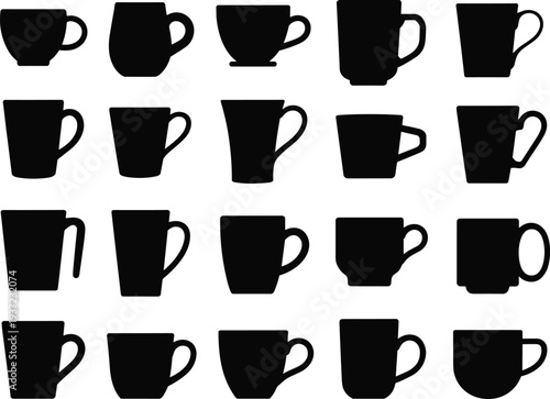 Coffee cup silhouette collection vector illustration, black mug set isolated on white background for cafe branding design