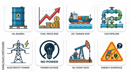 Energy Industry Vector Icons – Oil Barrel, Fuel Price Rise, Tanker Ship, Gas Pipeline, Electricity Tower, Power Outage, Pump Jack, Energy Shortage Vector Illustration Set