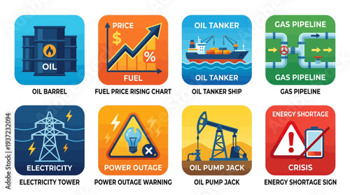 Energy Industry Vector Icons – Oil Barrel, Fuel Price Rise, Tanker Ship, Gas Pipeline, Electricity Tower, Power Outage, Pump Jack, Energy Shortage Vector Illustration Set
