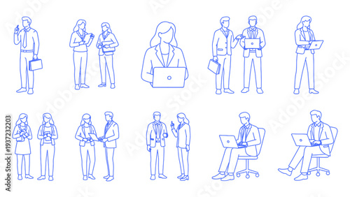 Office worker figures in various poses, vector line art for business meetings, teamwork, and presentations on a transparent background vector illustration.