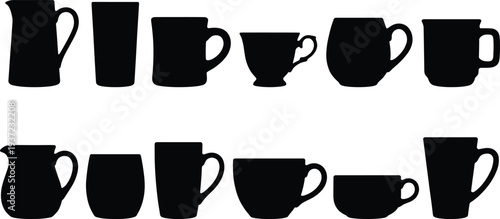 Coffee cup silhouettes collection, flat vector illustration of mugs, teacups and pitchers isolated black kitchen drinkware set