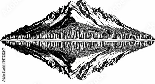 Black and White Illustration of Mountain Landscape.