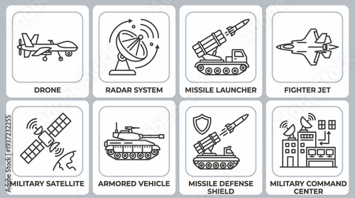 Modern Military Technology Vector Icons – Drone, Radar System, Missile Launcher, Fighter Jet, Satellite, Armored Vehicle, Defense Shield, Command Center, Strategic Warfare Vector Illustration Set