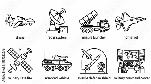 Modern Military Technology Vector Icons – Drone, Radar System, Missile Launcher, Fighter Jet, Satellite, Armored Vehicle, Defense Shield, Command Center, Strategic Warfare Vector Illustration Set