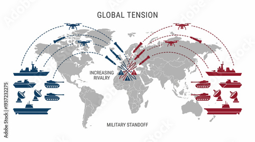 Global Military Alliances Vector Map – Strategic Deployments, Red and Blue Forces, Tanks, Soldiers, Radar Systems, Aircraft, Geopolitical Tensions, Strategic Arrows, Global Power Conflict Vector Illus