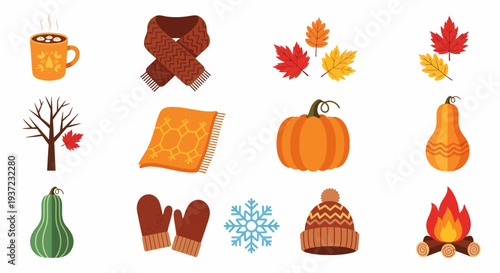 Autumn and Winter Themed Cartoon Icons Set.