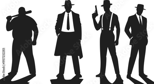 Gangster, Mafia, Criminal, Detective, Vintage, Retro, Silhouette, Man, Hat, Gun, Suit, Crime, Character, Illustration, Icon, Noir, Classic, Style, Isolated, Collection