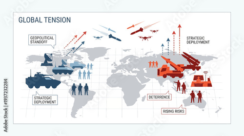 Global Military Alliances Vector Map – Strategic Deployments, Red and Blue Forces, Tanks, Soldiers, Radar Systems, Aircraft, Geopolitical Tensions, Strategic Arrows, Global Power Conflict Vector Illus