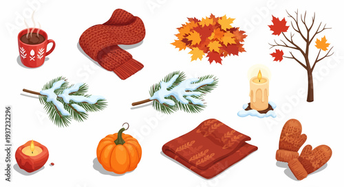 Autumn and Winter Themed Clipart Objects.