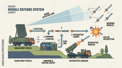 Modern Missile Defense Vector Illustration – Radar Detection, Counter Missile, Interception Zone, Launcher System, Phased Technology, Global Security, Military Defense Strategy, Advanced Protection Ve