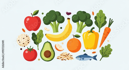 Fresh Assorted Vegetables and Fruits Collection.