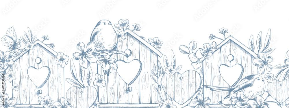 Obraz premium Wooden birdhouses with hearts, birds, and apple blossoms. Hand-drawn ink line art style. Seamless border pattern for decor and design of spring and summer holidays and weddings.