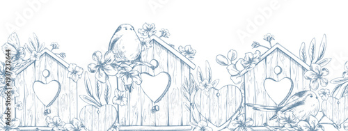 Wooden birdhouses with hearts, birds, and apple blossoms. Hand-drawn ink line art style. Seamless border pattern for decor and design of spring and summer holidays and weddings.