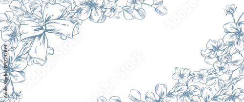 Apple tree branches with flowers decorated with a bow. Hand-drawn graphic illustration in ink line art style. Horizontal rectangular frame template for text for spring holidays and weddings.