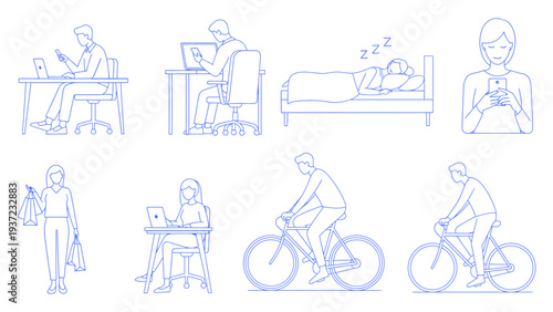 Human liner illustrations. Showing activities such as working on a laptop, sleeping in bed, and cycling on a bicycle, using vector graphics.