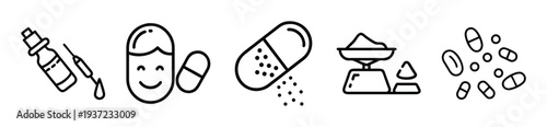Medical icons including bottle, pills, and powder on scale on transparent background