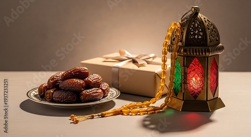 Wallpaper Mural Plate of dates with lantern and prayer beads on table Torontodigital.ca